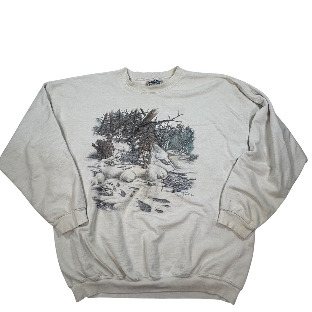 Vintage Northern Reflections Wolf Winter Graphic Sweatshirt Off White Large